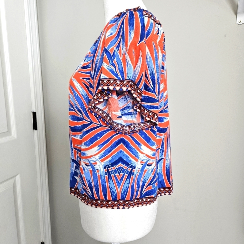 Flying Tomato Tropical Leaf Print Blouse XS Orange Blue Off Shoulder Boho Top - Picture 10 of 11